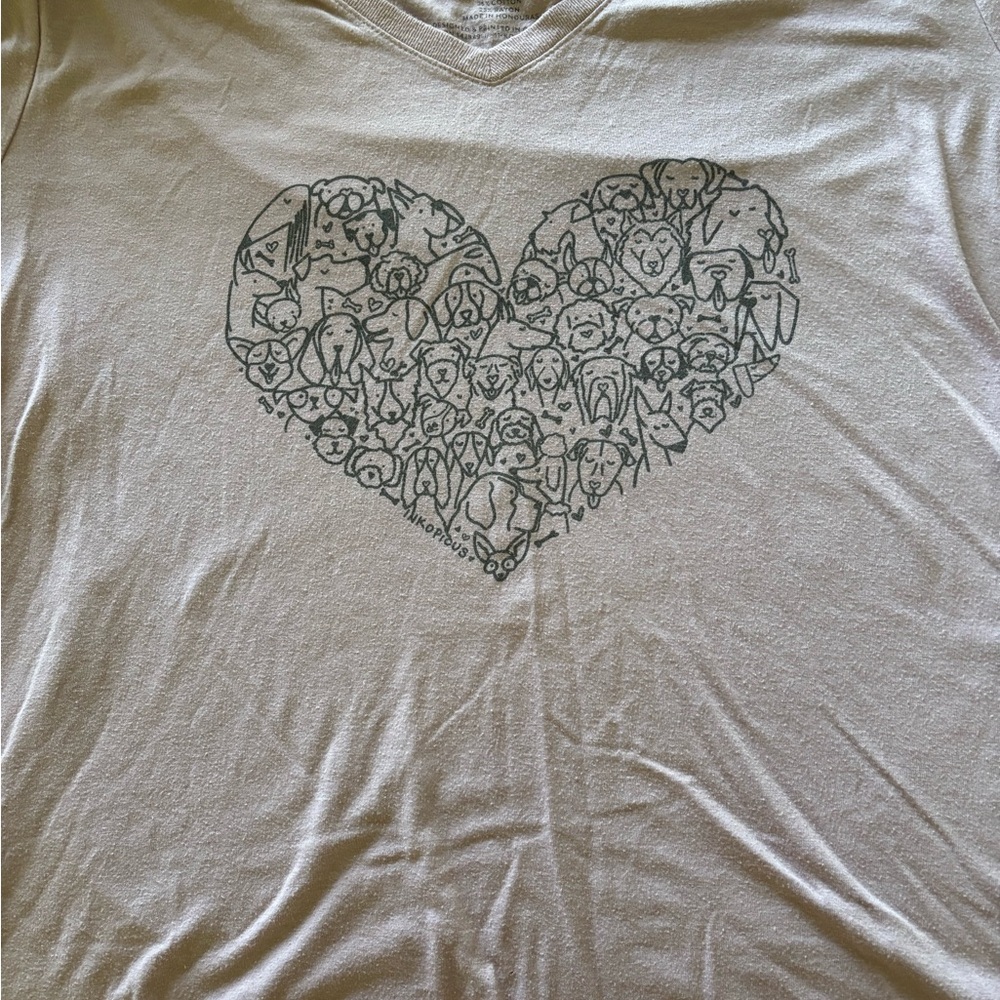 Heart of Dogs Graphic V-Neck Tee - Light Beige with Black Print